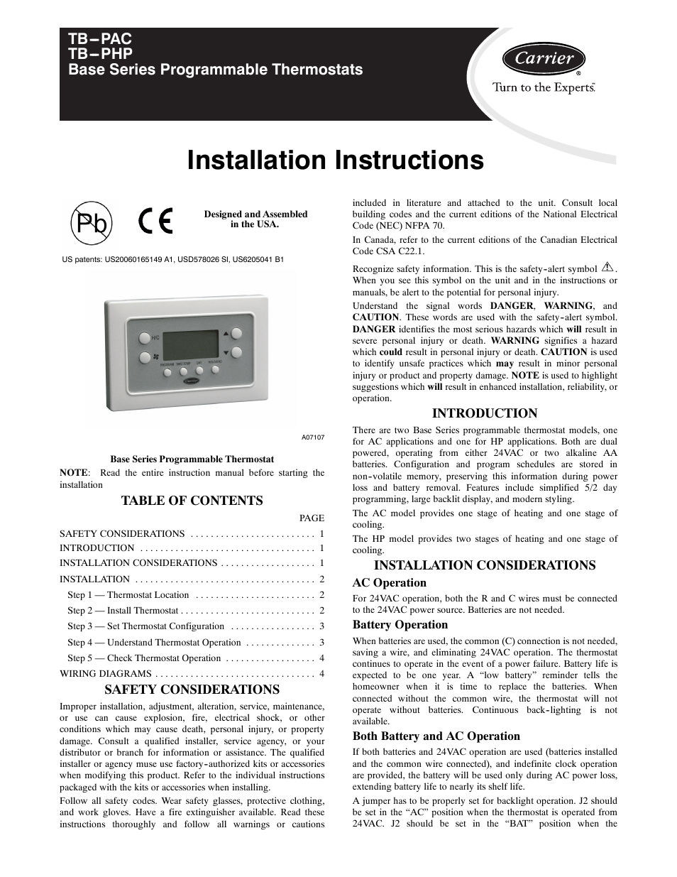 Carrier BASE SERIES PROGRAMMABLE THERMOSTATS TB-PAC User Manual | 8 pages