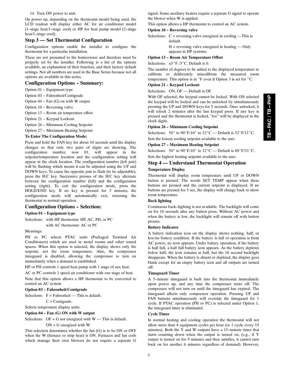 Step 3 — set thermostat configuration, Configuration options -- summary, Configuration options -- selection | Step 4 — understand thermostat operation | Carrier BASE SERIES PROGRAMMABLE THERMOSTATS TB-PAC User Manual | Page 3 / 8