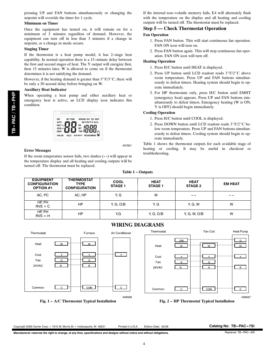 Wiring diagrams, Step 5 — check thermostat operation | Carrier BASE SERIES PROGRAMMABLE THERMOSTATS TB-PAC User Manual | Page 4 / 8