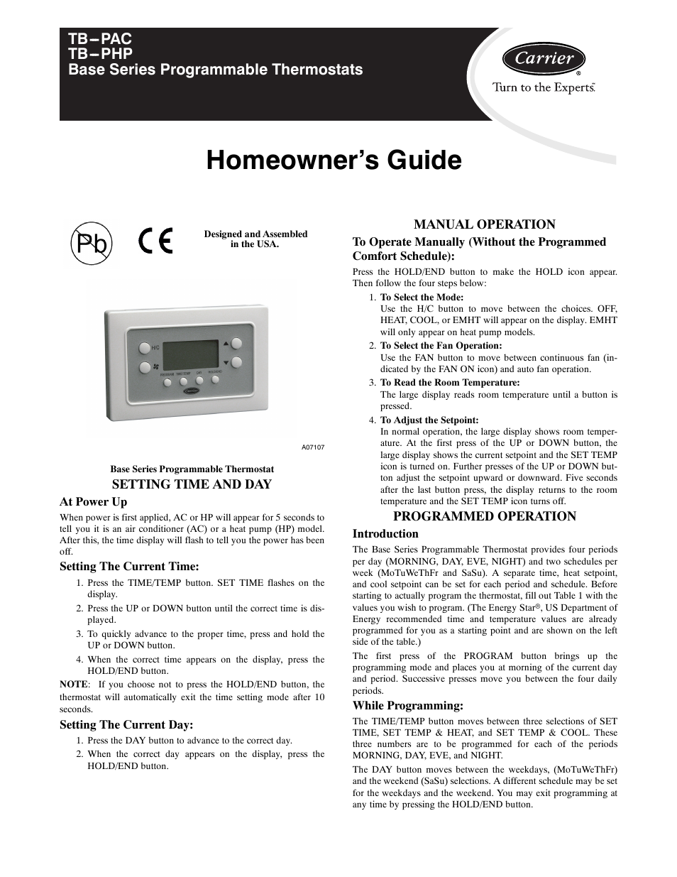 Homeowner’s guide, Setting time and day, Manual operation | Programmed operation | Carrier BASE SERIES PROGRAMMABLE THERMOSTATS TB-PAC User Manual | Page 5 / 8