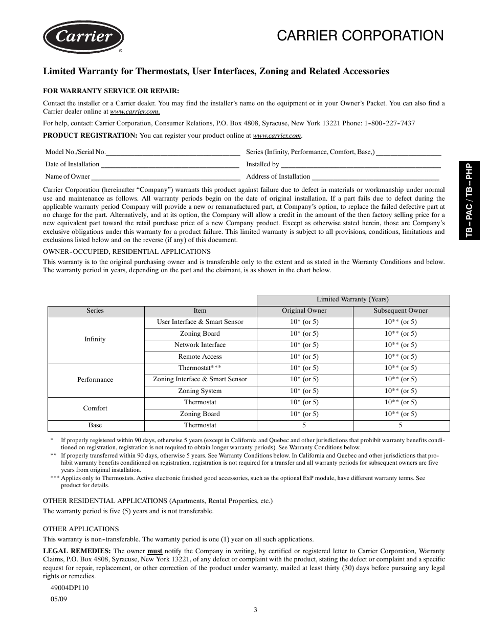 Carrier corporation | Carrier BASE SERIES PROGRAMMABLE THERMOSTATS TB-PAC User Manual | Page 7 / 8