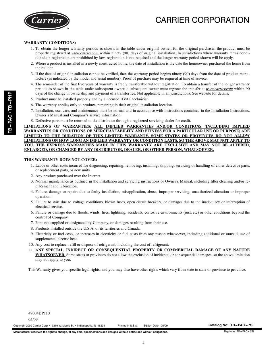 Carrier corporation | Carrier BASE SERIES PROGRAMMABLE THERMOSTATS TB-PAC User Manual | Page 8 / 8