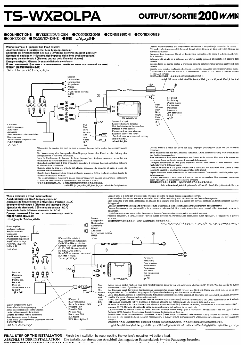 Ts-wxaolpa, Output/sortie, И^>ик | Verbindungen •connexions, Conexôes •подключение •iifê, Abschluss der installation, Connections, Connessioni •conexiones | Pioneer TS-WX20LPA User Manual | Page 6 / 9