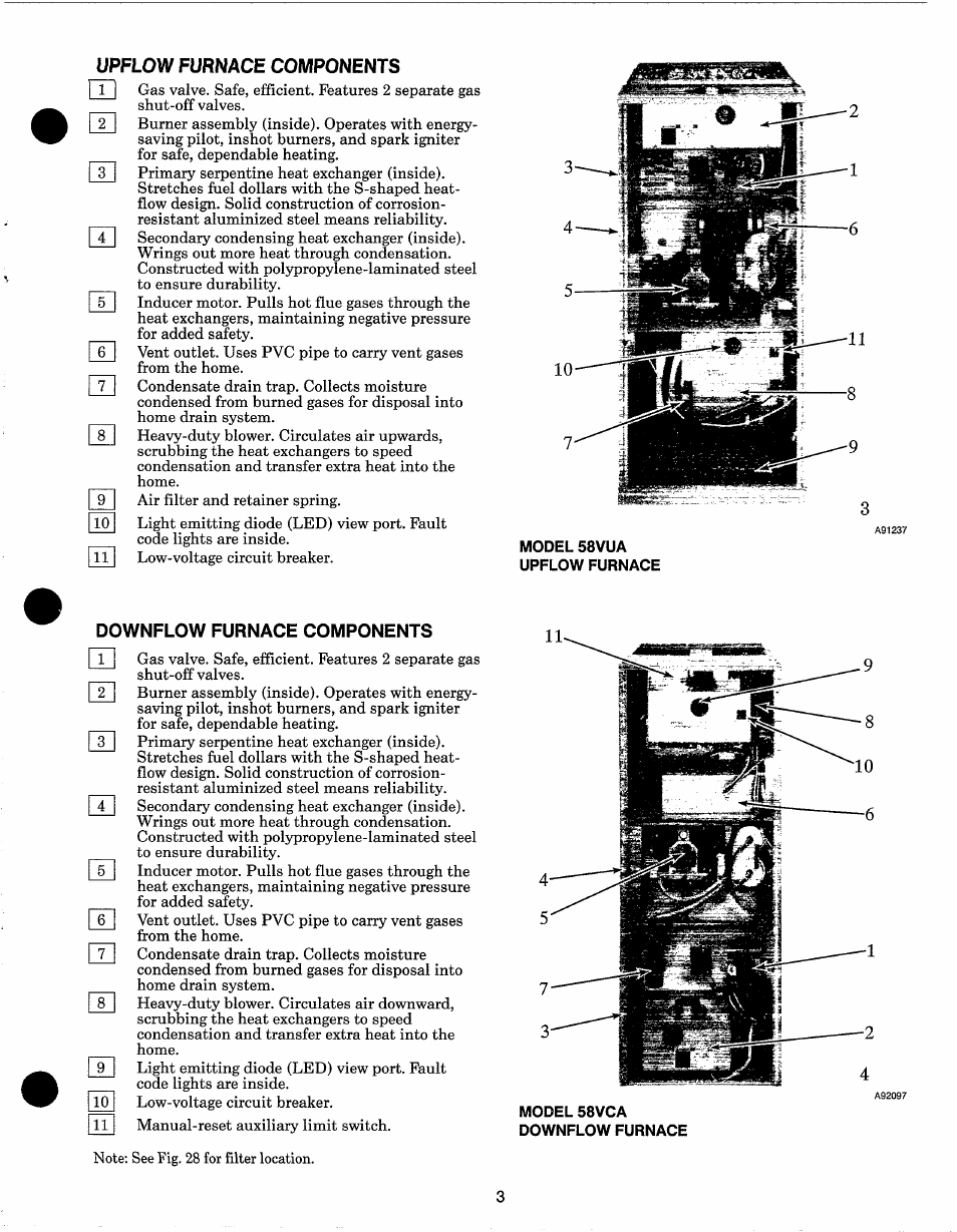 Upflow furnace components, Downflow furnace components, Model 58vua upflow furnace | Model 58vca downflow furnace | Carrier 58VCA User Manual | Page 4 / 13