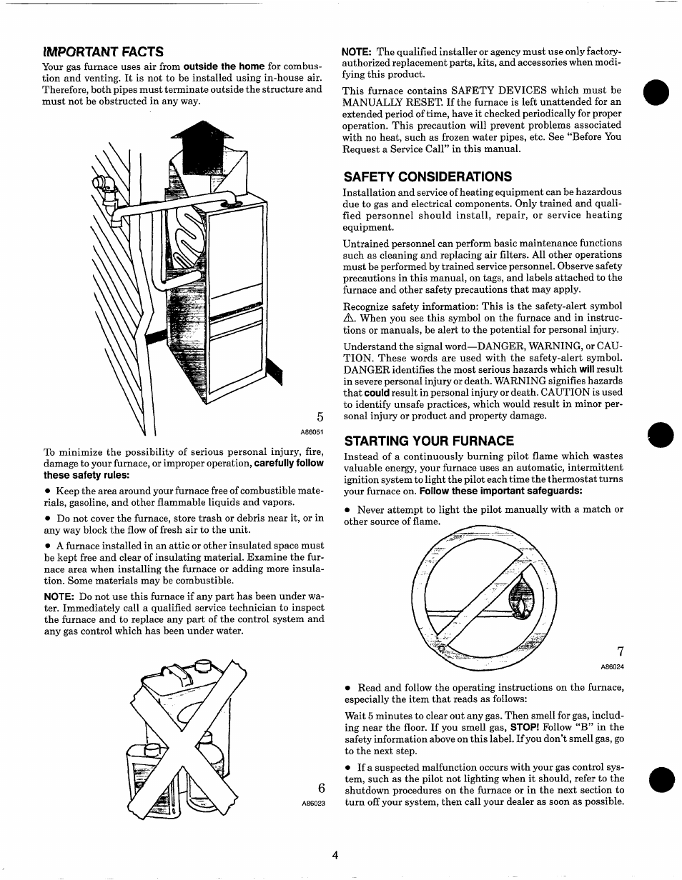 Important facts, Safety considerations, Starting your furnace | Carrier 58VCA User Manual | Page 5 / 13