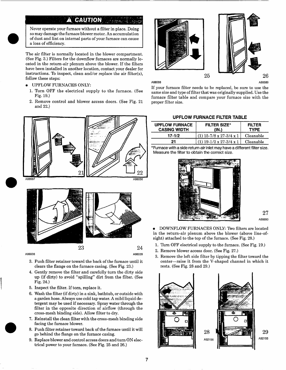 Upflow furnace filter table, Caution | Carrier 58VCA User Manual | Page 8 / 13