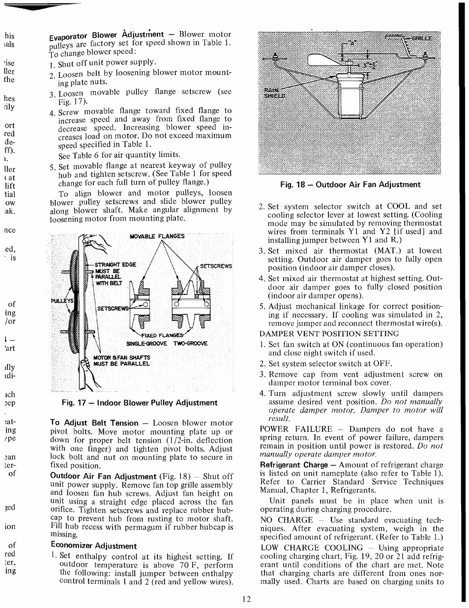 Fig. 17 — indoor blower pulley adjustment, Fig. 18 — outdoor air fan adjustment | Carrier 50DP User Manual | Page 12 / 14