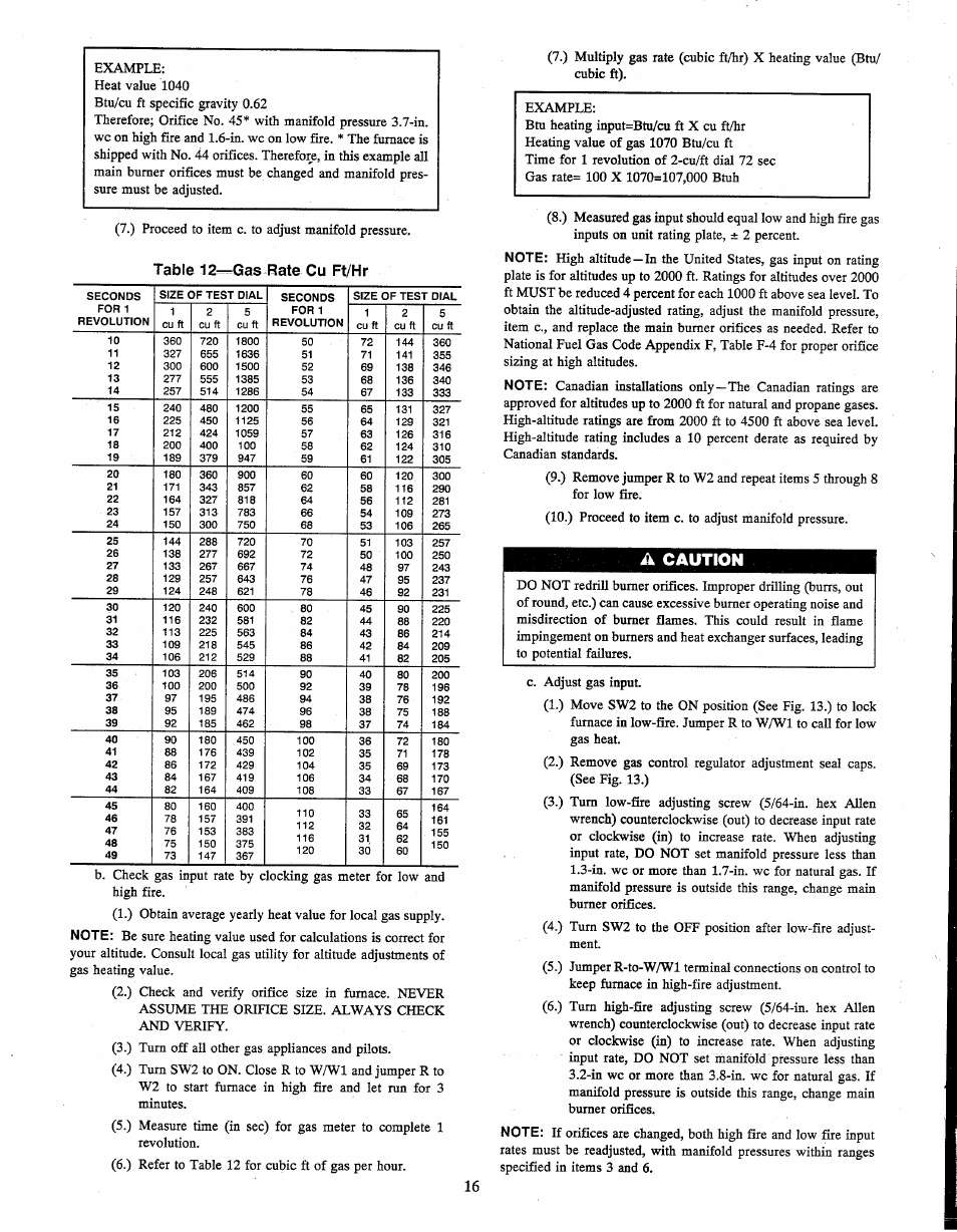 A caution, Table 12-^gas rate cu ft/hr | Carrier 58TUA User Manual | Page 16 / 18