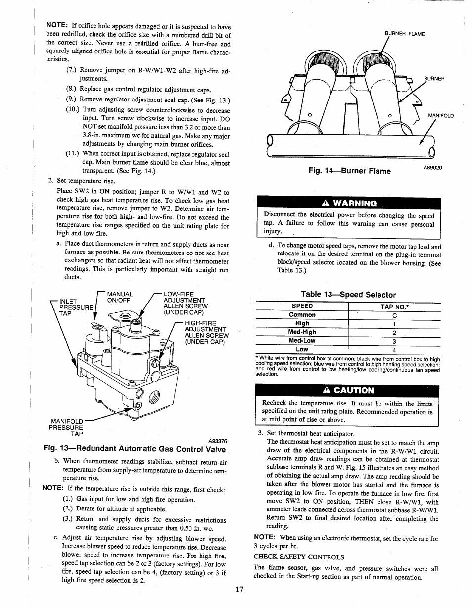 Fig. 13—redundant automatic gas control valve, A warning, A caution | Carrier 58TUA User Manual | Page 17 / 18