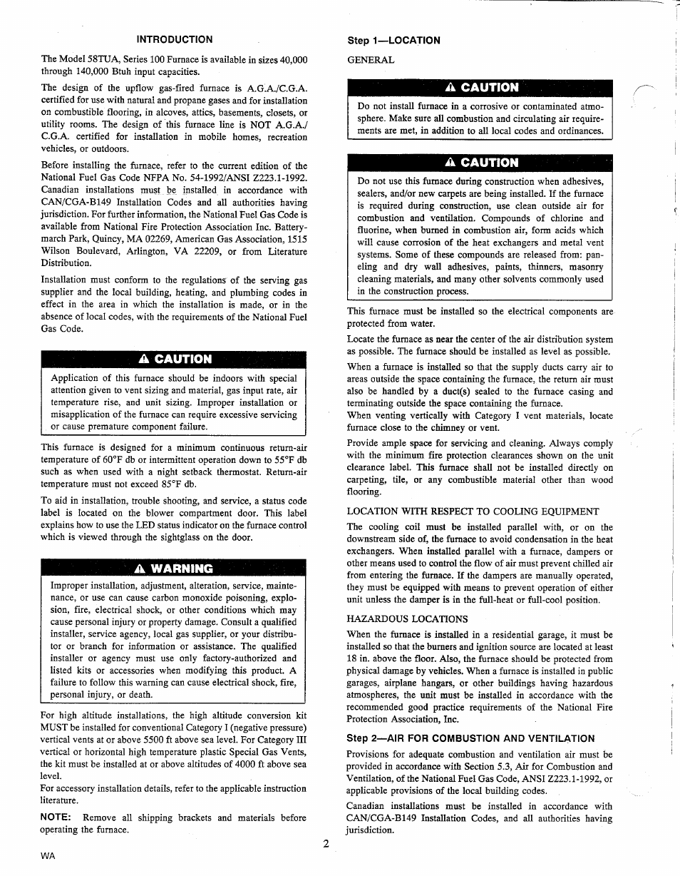 A caution, A warning | Carrier 58TUA User Manual | Page 2 / 18