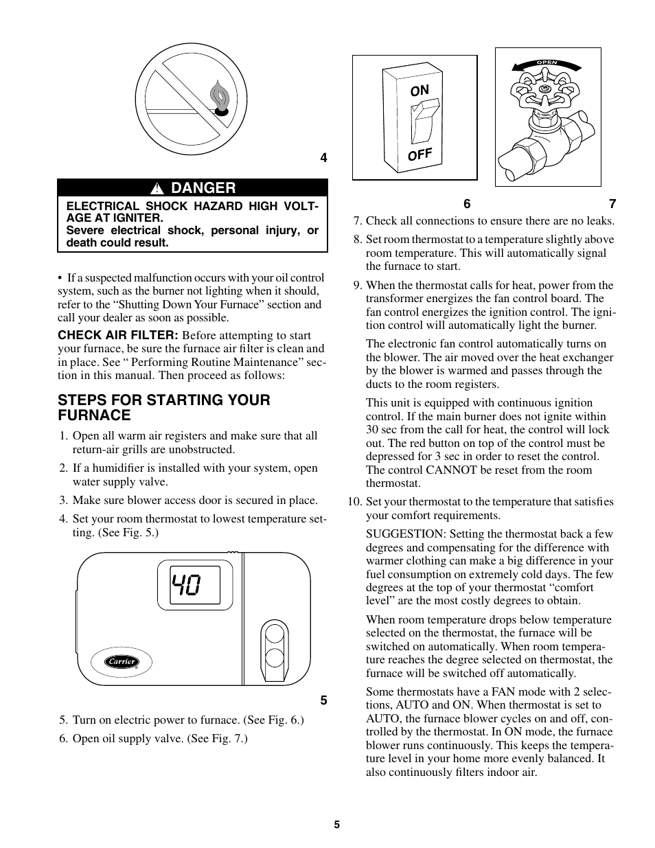 Steps for starting your furnace, Danger | Carrier 58VMR User Manual | Page 5 / 8