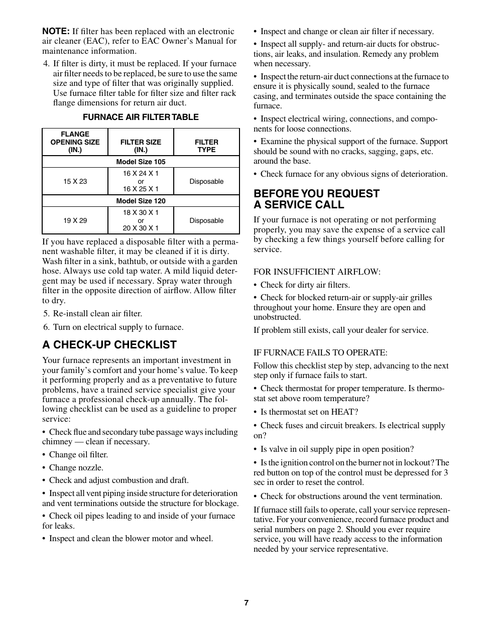 A check-up checklist, Before you request a service call | Carrier 58VMR User Manual | Page 7 / 8