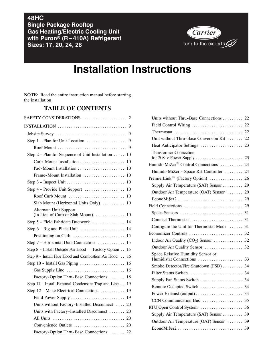 Carrier SINGLE PACKAGE ROOFTOP 48HC User Manual | 52 pages