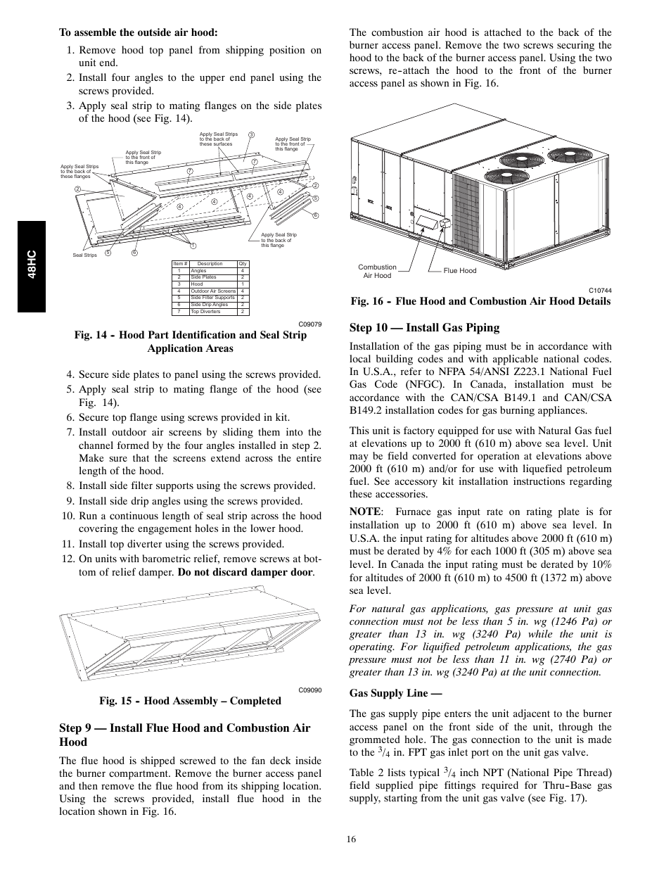 Step 9 — install flue hood and combustion air hood, Step 10 — install gas piping, Fig. 15 -- hood assembly – completed | Carrier SINGLE PACKAGE ROOFTOP 48HC User Manual | Page 16 / 52
