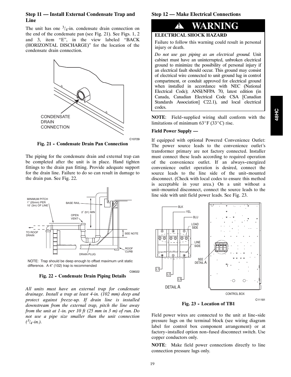 Warning, Step 12 — make electrical connections | Carrier SINGLE PACKAGE ROOFTOP 48HC User Manual | Page 19 / 52