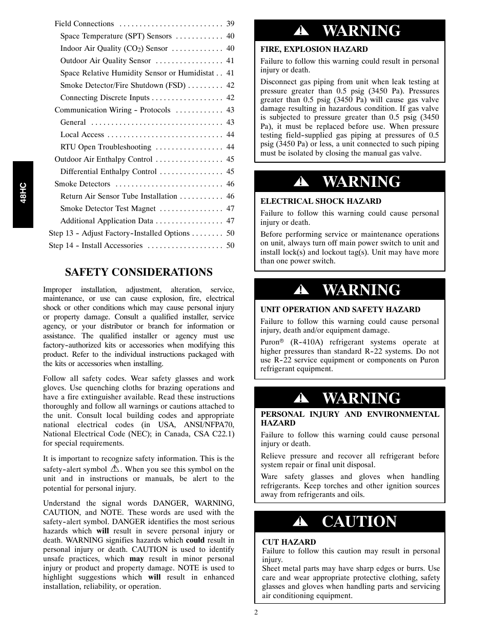 Warning, Caution, Safety considerations | Carrier SINGLE PACKAGE ROOFTOP 48HC User Manual | Page 2 / 52
