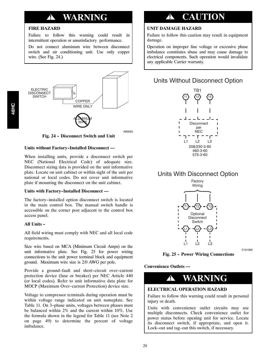 Warning, Caution | Carrier SINGLE PACKAGE ROOFTOP 48HC User Manual | Page 20 / 52