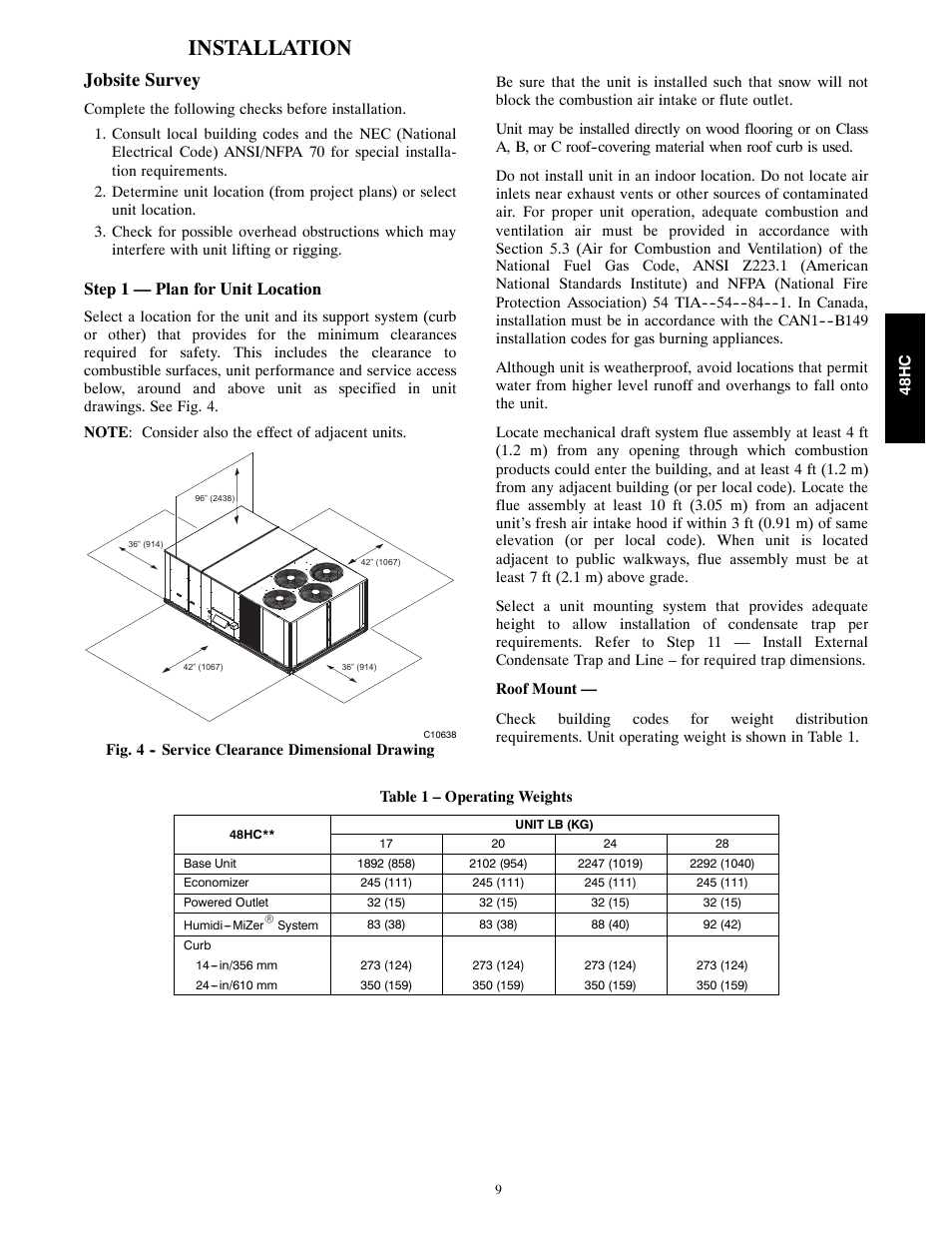 Installation, Jobsite survey | Carrier SINGLE PACKAGE ROOFTOP 48HC User Manual | Page 9 / 52