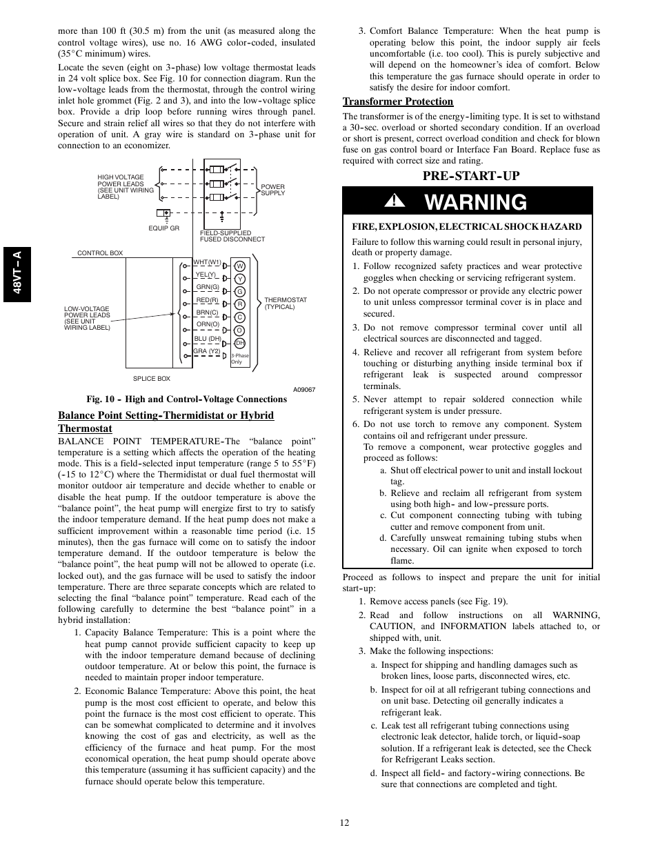 Warning, Pre--start--up | Carrier 48VT(N) User Manual | Page 12 / 38