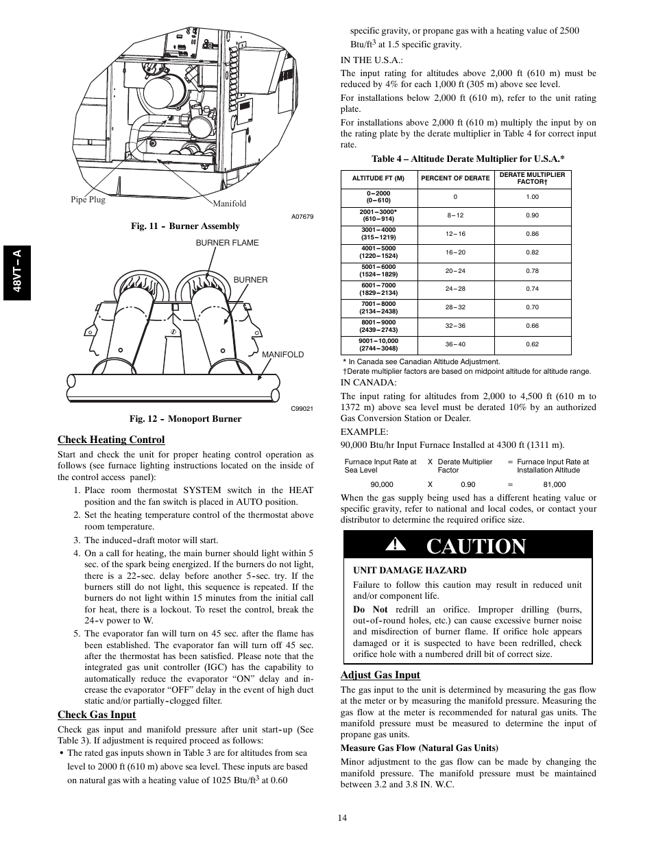 Caution, Check heating control, Check gas input | Adjust gas input, 48v t -- a | Carrier 48VT(N) User Manual | Page 14 / 38