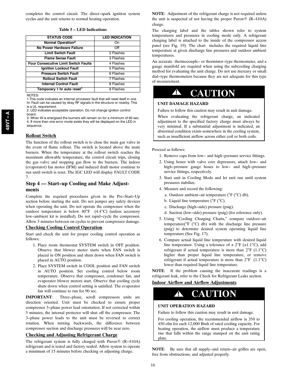 Caution, Step 4 — start--up cooling and make adjust- ments | Carrier 48VT(N) User Manual | Page 16 / 38