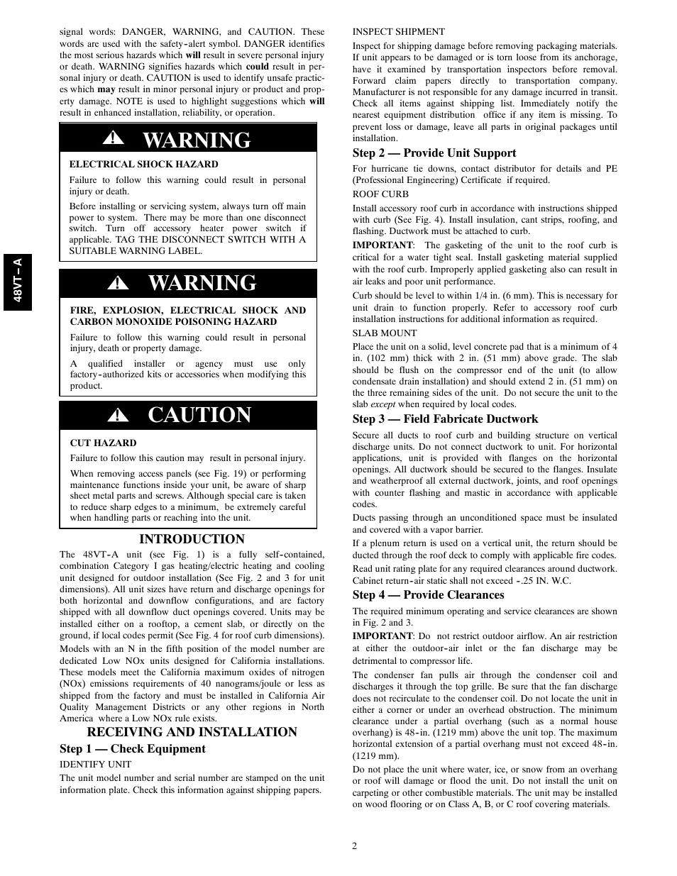 Warning, Caution, Introduction | Receiving and installation | Carrier 48VT(N) User Manual | Page 2 / 38