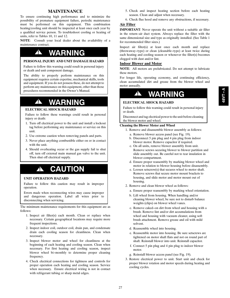 Warning, Caution, Maintenance | Carrier 48VT(N) User Manual | Page 27 / 38