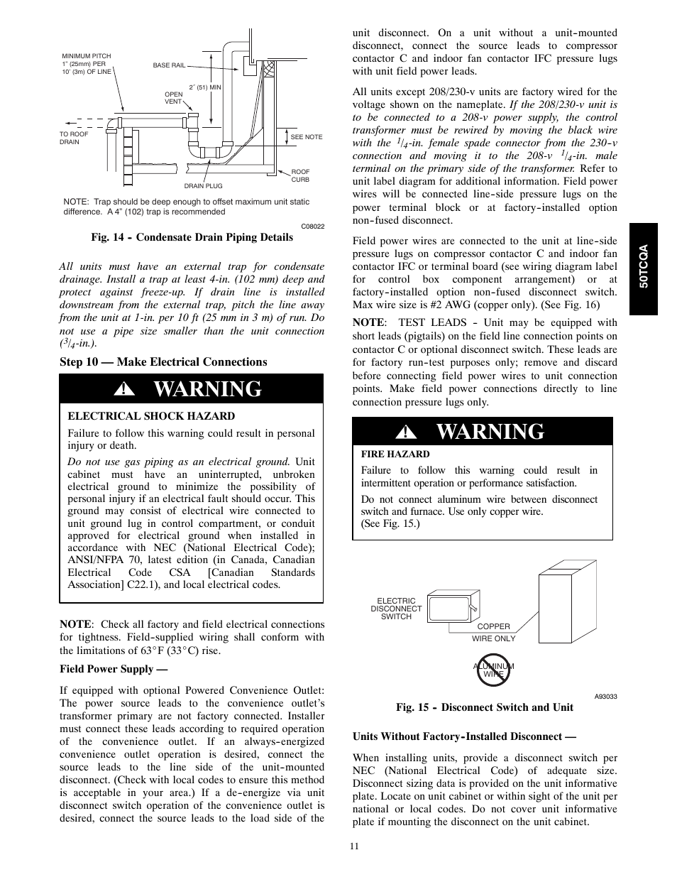 Warning | Carrier 50TCQA User Manual | Page 11 / 48