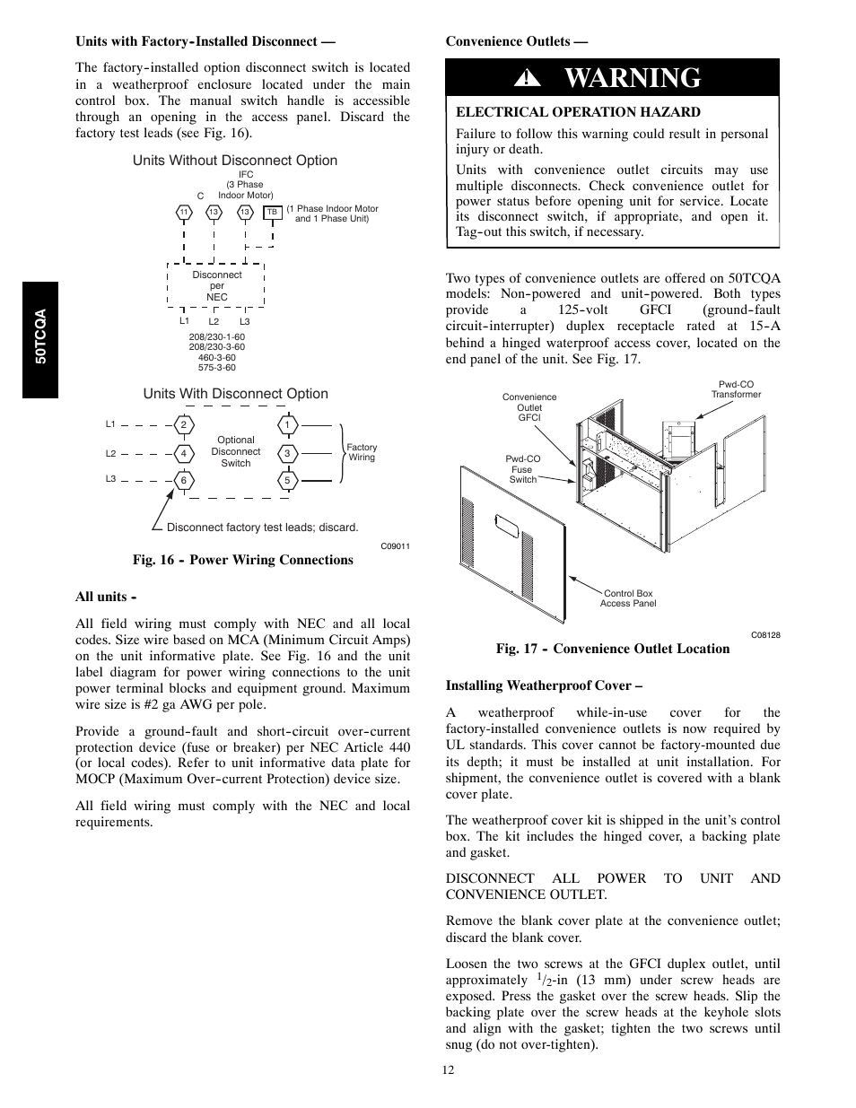 Warning | Carrier 50TCQA User Manual | Page 12 / 48