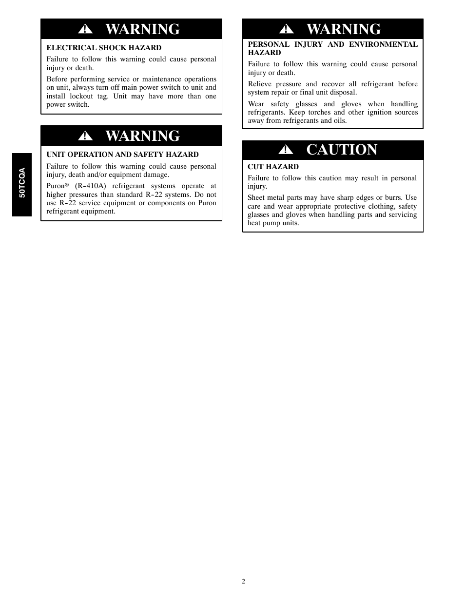 Warning, Caution | Carrier 50TCQA User Manual | Page 2 / 48