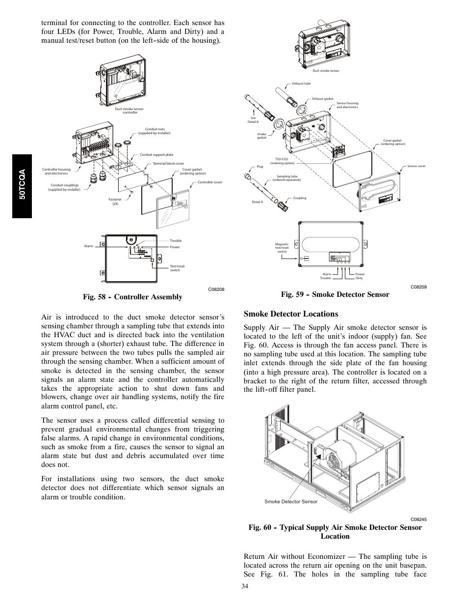 Smoke detector locations, Fig. 59 -- smoke detector sensor | Carrier 50TCQA User Manual | Page 34 / 48