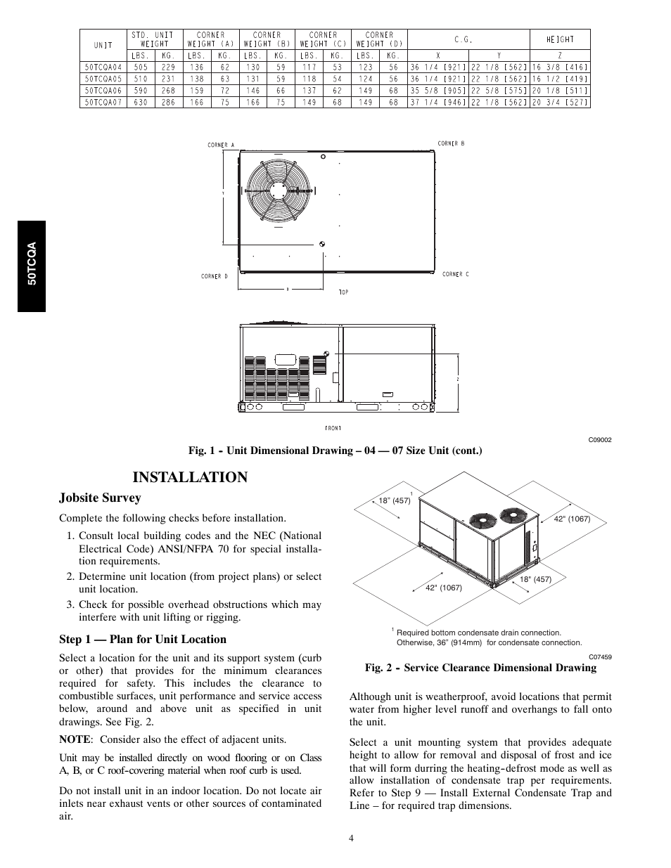 Installation, Jobsite survey | Carrier 50TCQA User Manual | Page 4 / 48