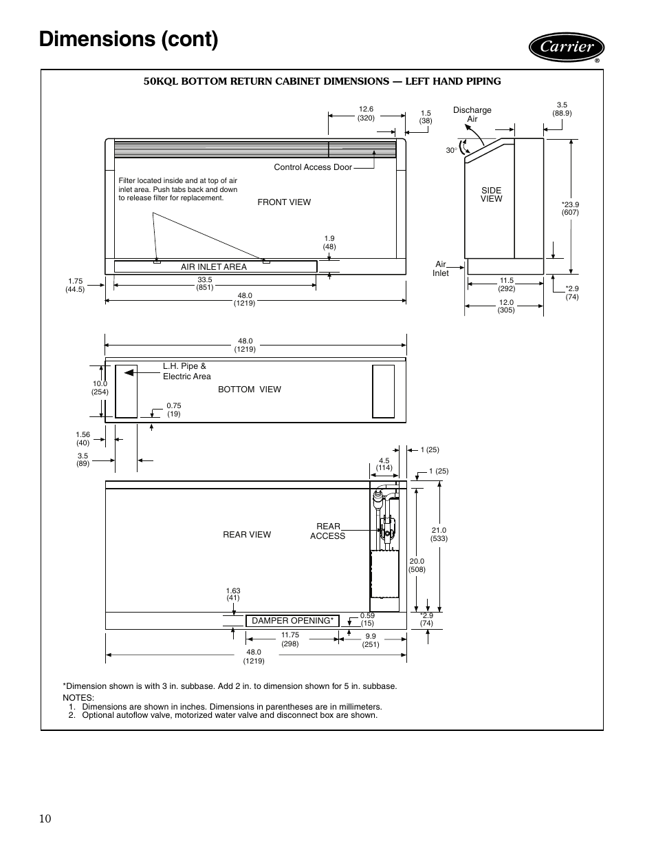 Dimensions (cont) | Carrier AQUAZONE 50KQL-1PD User Manual | Page 10 / 36