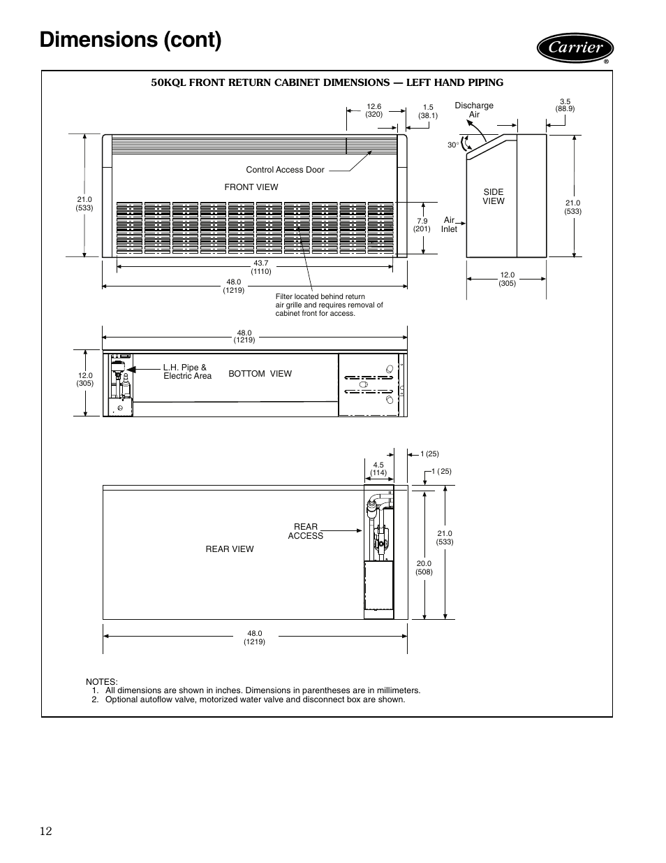 Dimensions (cont) | Carrier AQUAZONE 50KQL-1PD User Manual | Page 12 / 36