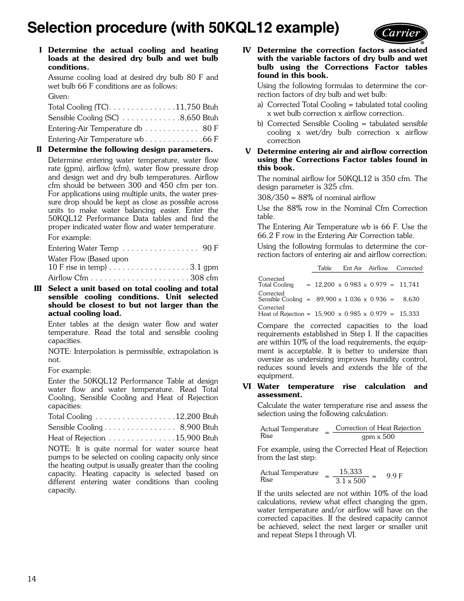 Selection procedure (with 50kql12 example), Selection procedure ,15 | Carrier AQUAZONE 50KQL-1PD User Manual | Page 14 / 36
