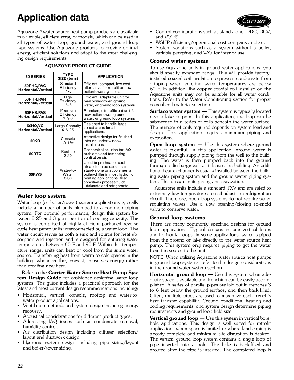 Application data, Application data -24, Water loop system | Ground water systems, Ground loop systems | Carrier AQUAZONE 50KQL-1PD User Manual | Page 22 / 36
