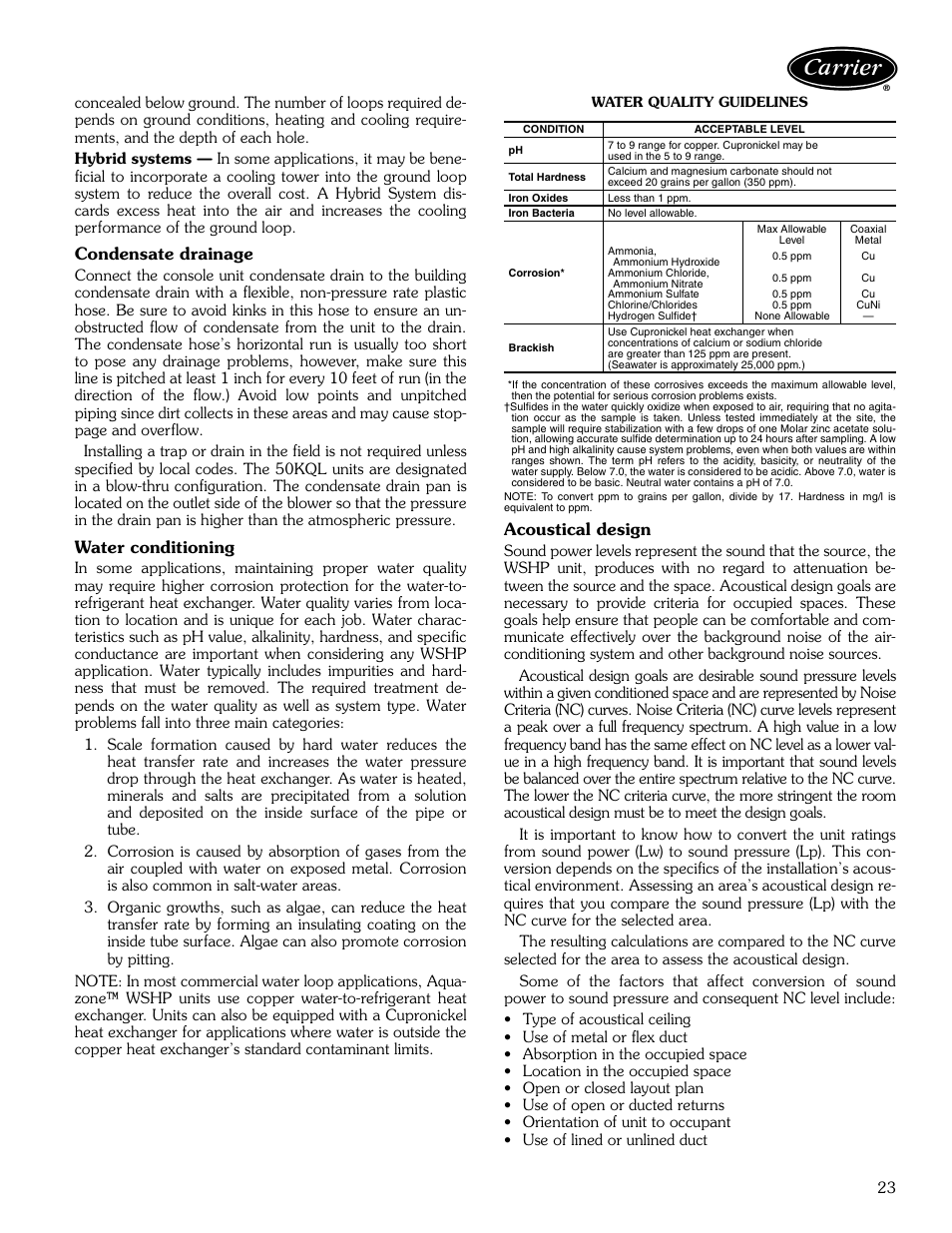 Condensate drainage, Water conditioning, Acoustical design | Carrier AQUAZONE 50KQL-1PD User Manual | Page 23 / 36