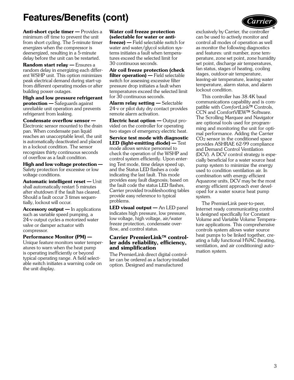 Features/benefits (cont) | Carrier AQUAZONE 50KQL-1PD User Manual | Page 3 / 36