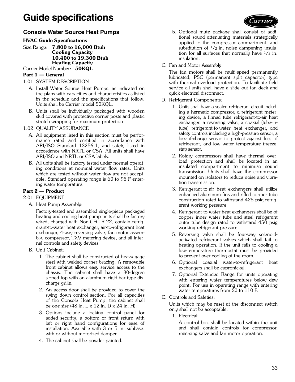 Guide specifications, Guide specifications -36 | Carrier AQUAZONE 50KQL-1PD User Manual | Page 33 / 36
