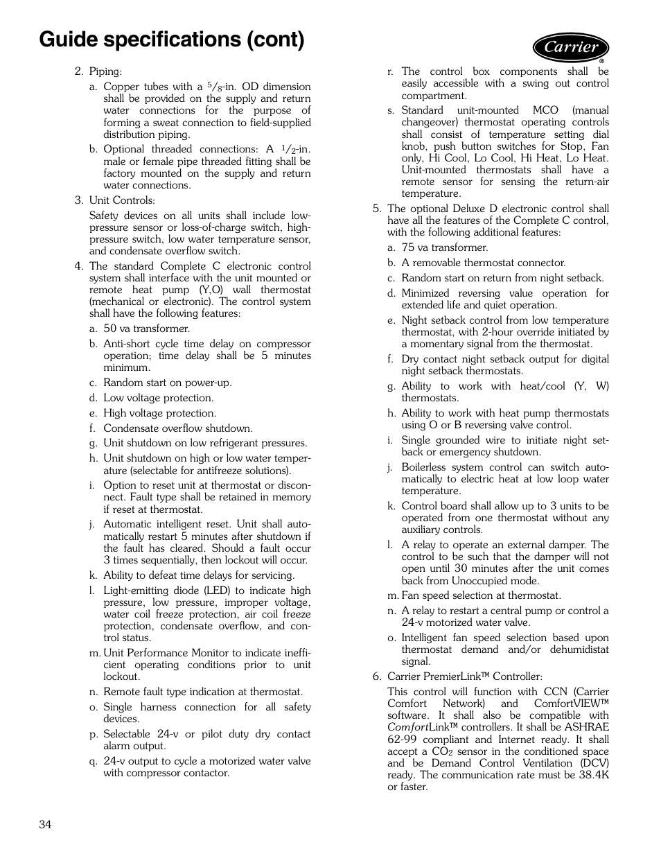 Guide specifications (cont) | Carrier AQUAZONE 50KQL-1PD User Manual | Page 34 / 36
