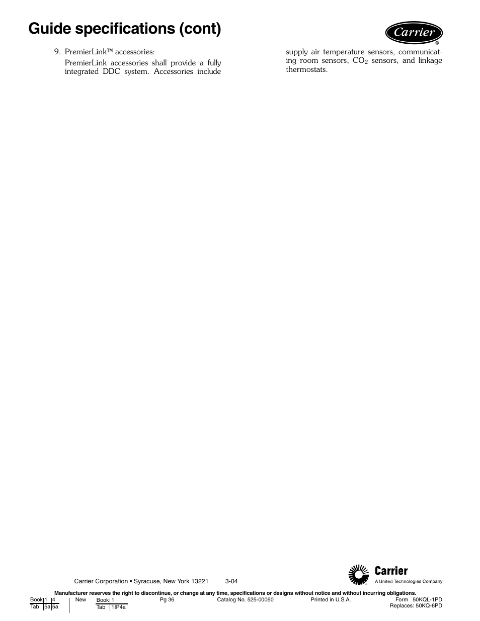 Guide specifications (cont) | Carrier AQUAZONE 50KQL-1PD User Manual | Page 36 / 36