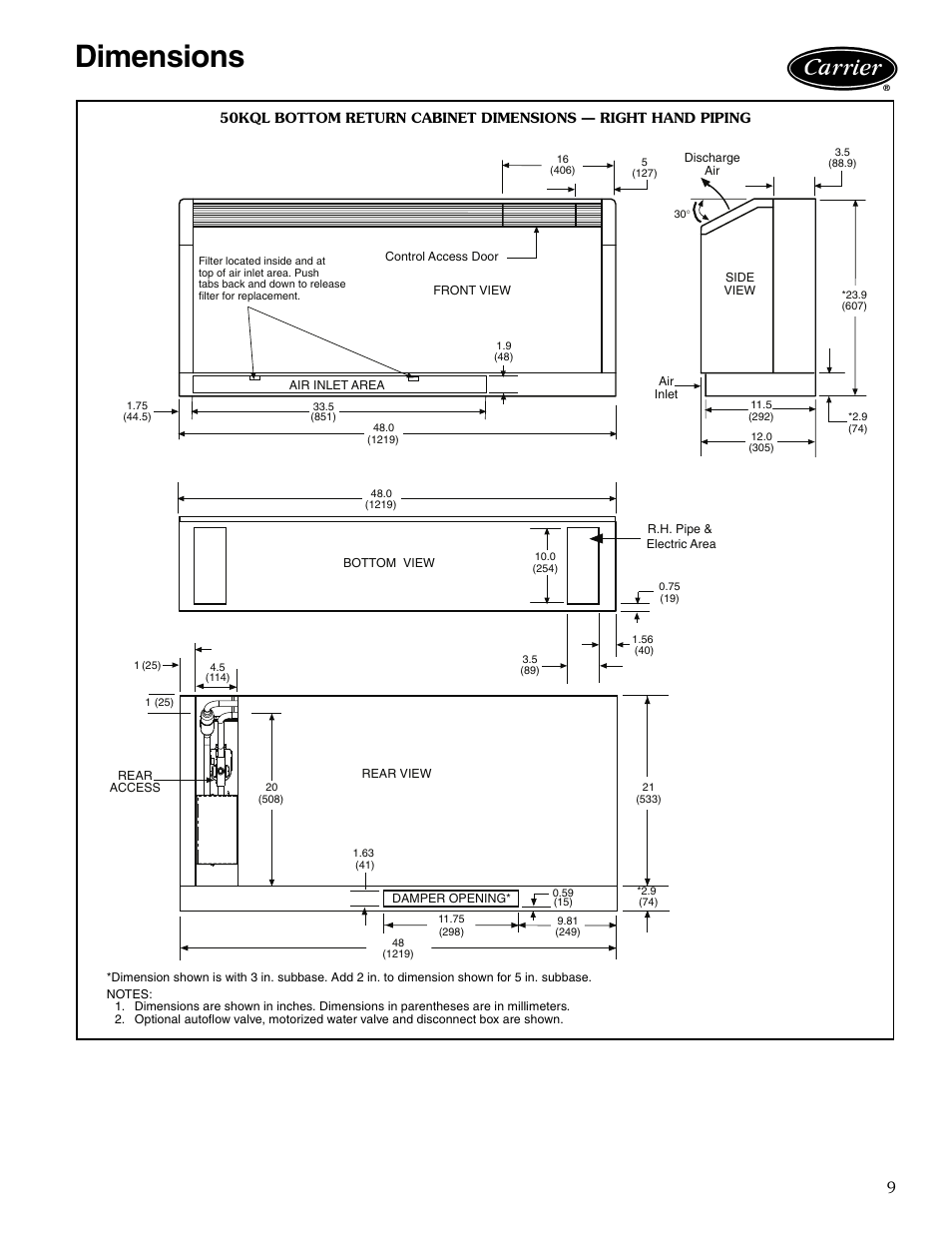 Dimensions, Dimensions -13 | Carrier AQUAZONE 50KQL-1PD User Manual | Page 9 / 36