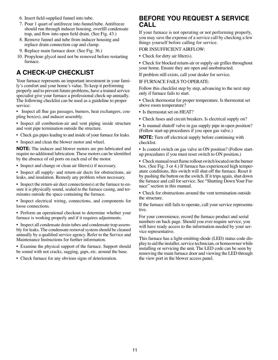 A check-up checklist, Before you request a service call | Carrier 58MVB User Manual | Page 11 / 12