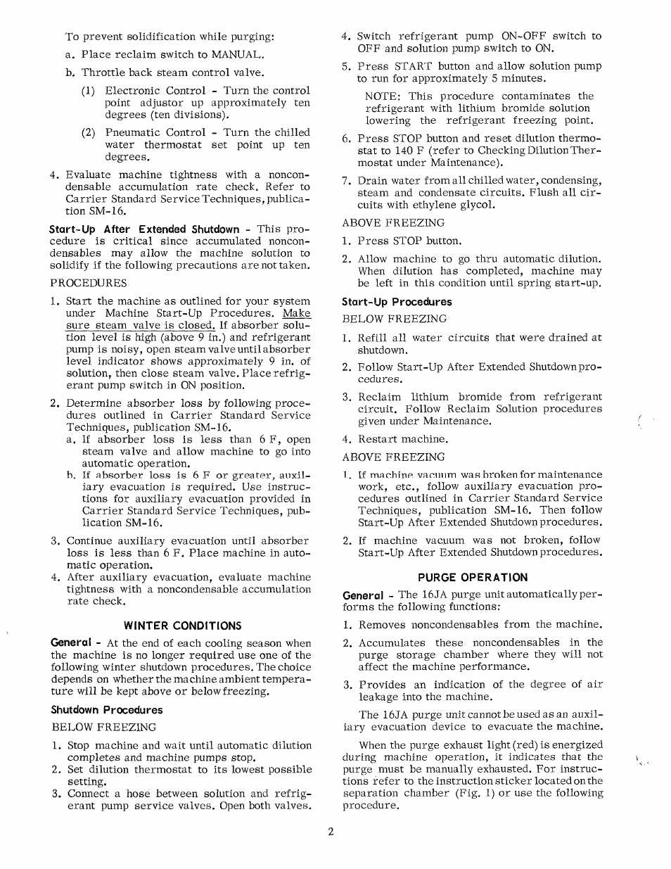 Winter conditions, Shutdown procedures, Start-up procedures | Purge operation | Carrier 16JA User Manual | Page 2 / 12