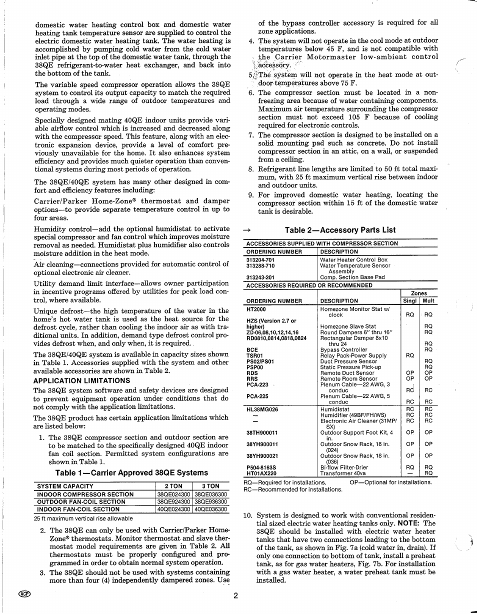 The 38qe system software and safety devices, Table 2—accessory parts list | Carrier 38QE User Manual | Page 2 / 14