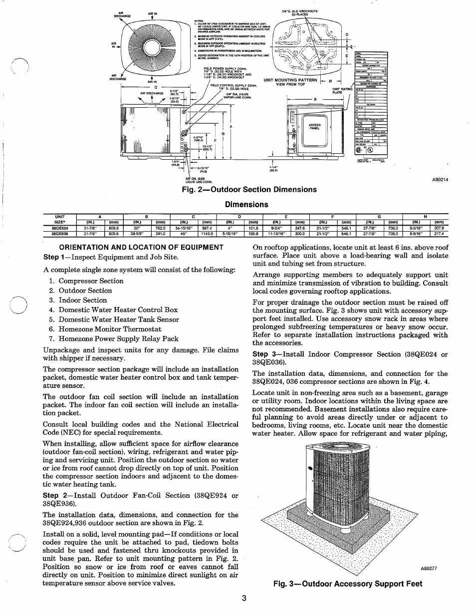 Fig. 3—outdoor accessory support feet, Orientation and location of equipment step 1, Step 2 | Step 3 | Carrier 38QE User Manual | Page 3 / 14