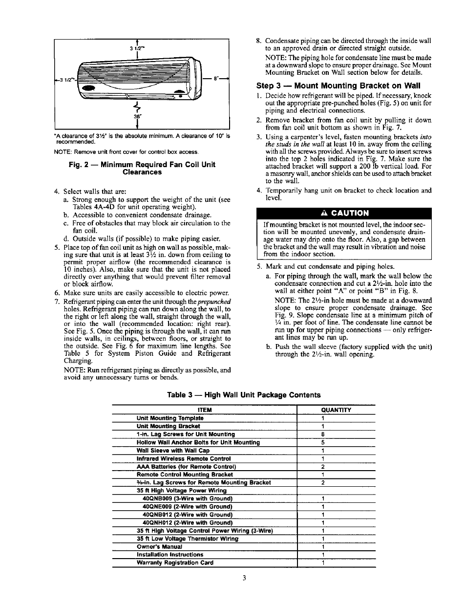 Step 3 — mount mounting bracket on wall, A caution | Carrier 38AN User Manual | Page 3 / 30