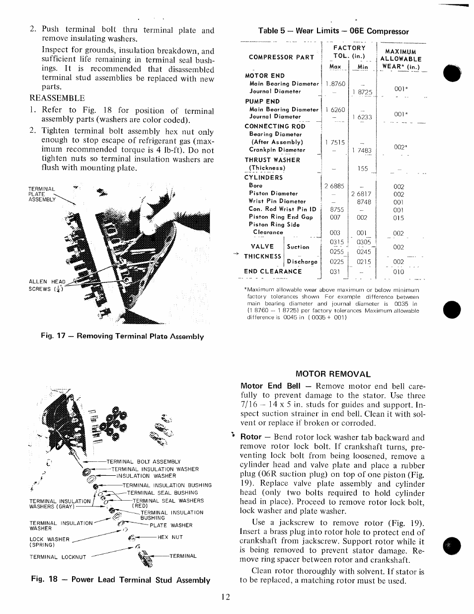 Table 5 — wear limits — 06e compressor, Motor removal, Fig. 18 — power lead terminal stud assembly | Carrier 06E User Manual | Page 12 / 16