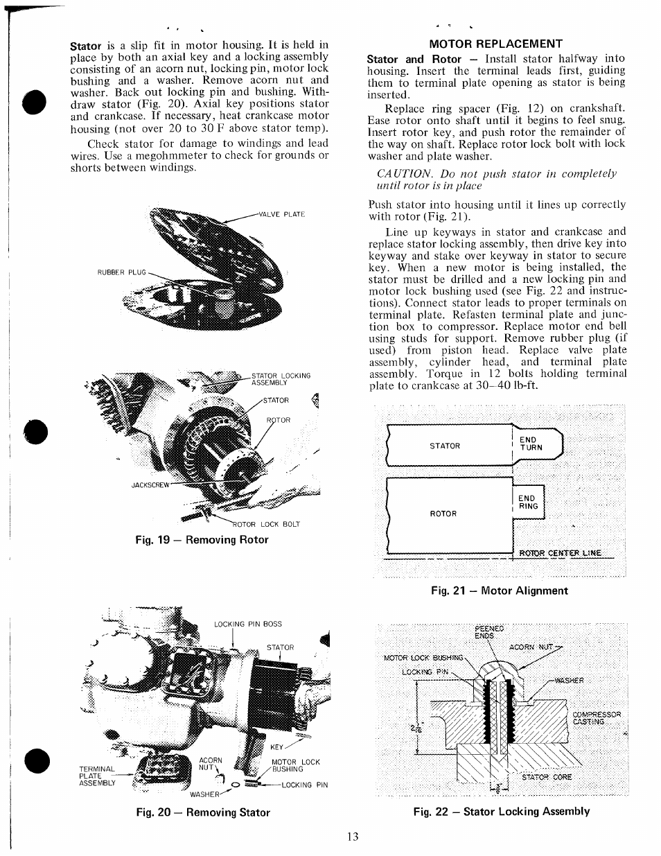 Fig. 20 — removing stator, Fig. 22 — stator locking assembly | Carrier 06E User Manual | Page 13 / 16