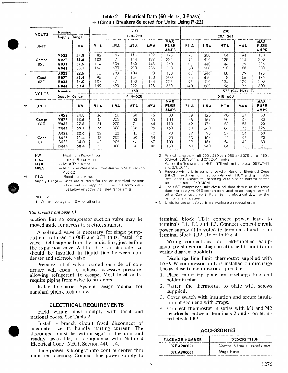 Electrical requirements, Accessories | Carrier 06E User Manual | Page 3 / 16